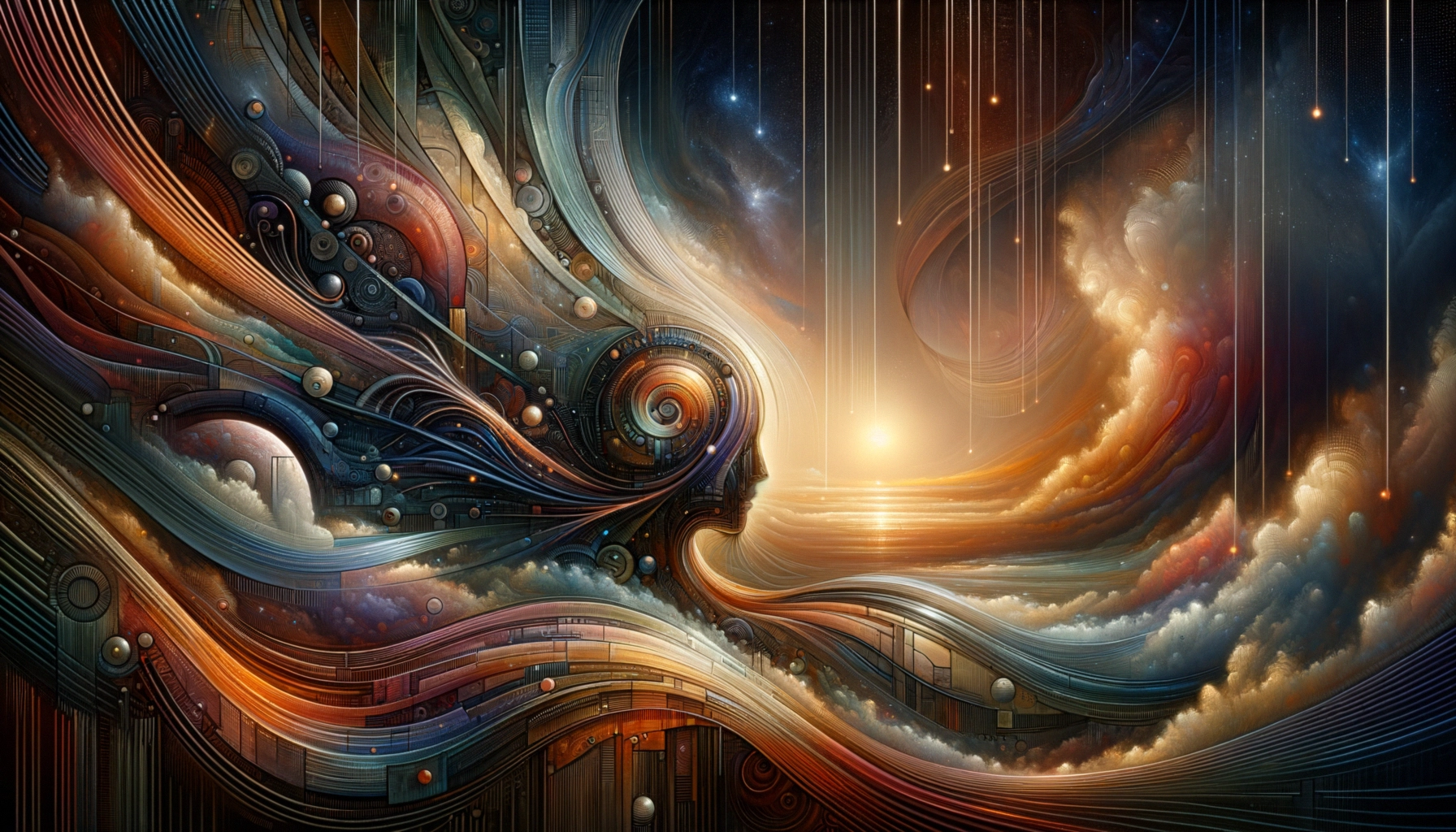 ** Abstract portrait blending colors, swirling patterns, and cosmic elements in a dreamlike landscape.