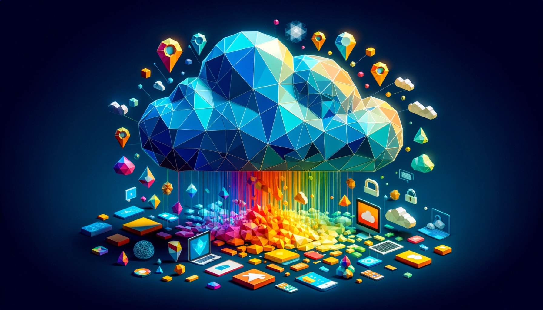 ** Colorful cloud with triangular designs emitting icons and shapes in bright hues.