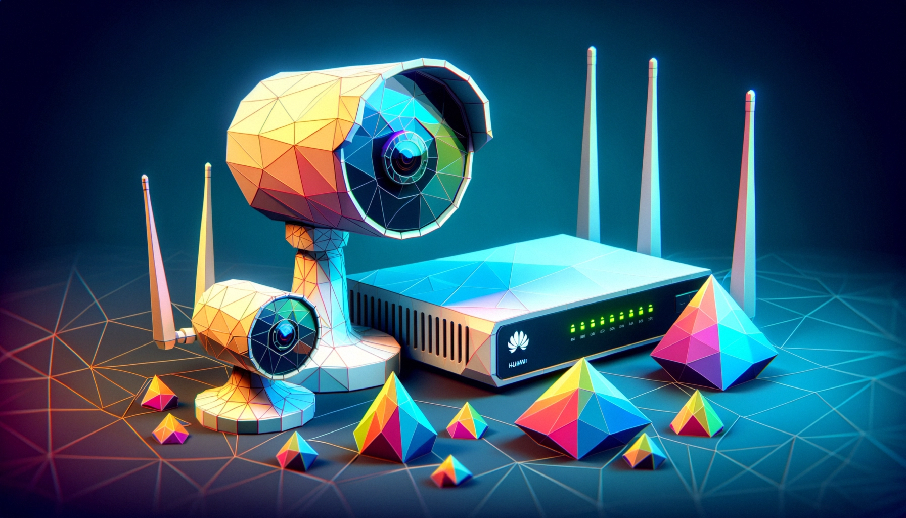 ** Geometric router and camera designs with colorful pyramids on a dark background.