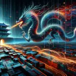 ** Futuristic scene of a dragon over a cityscape with digital motifs and an ancient temple.