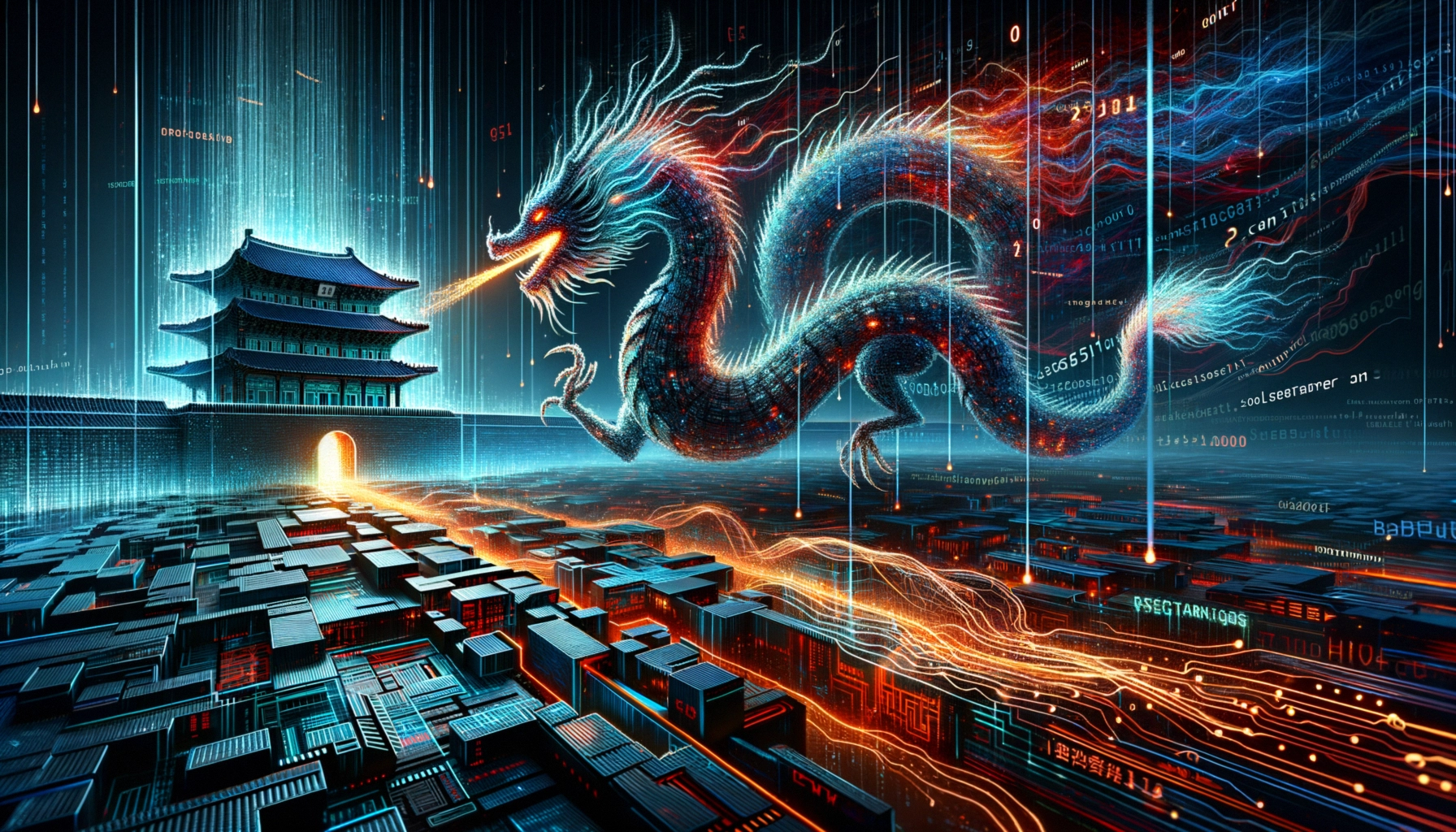 ** Futuristic scene of a dragon over a cityscape with digital motifs and an ancient temple.