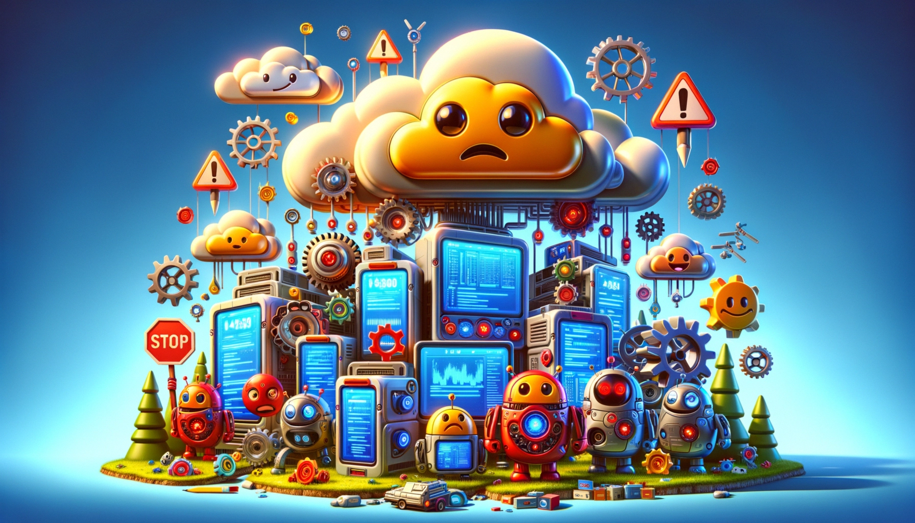 ** Colorful cartoon robots and clouds around computer screens and gears.