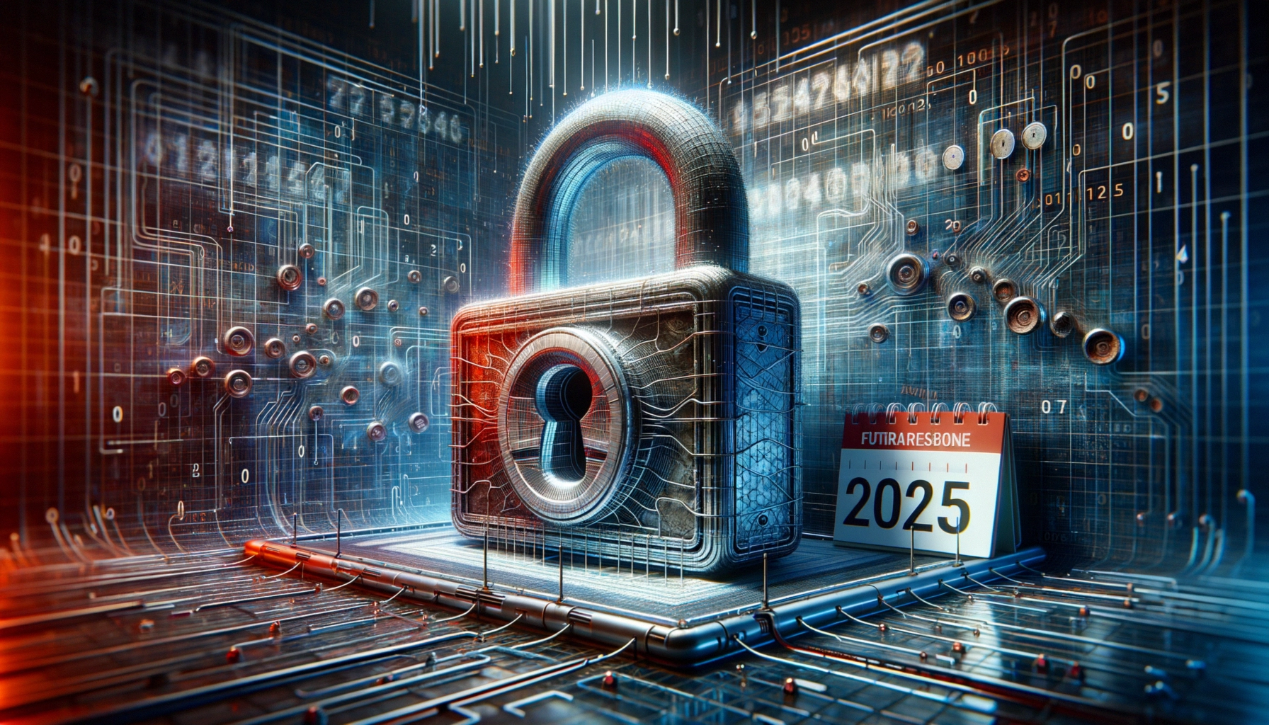 ** Digital padlock surrounded by circuits and a calendar for 2025.