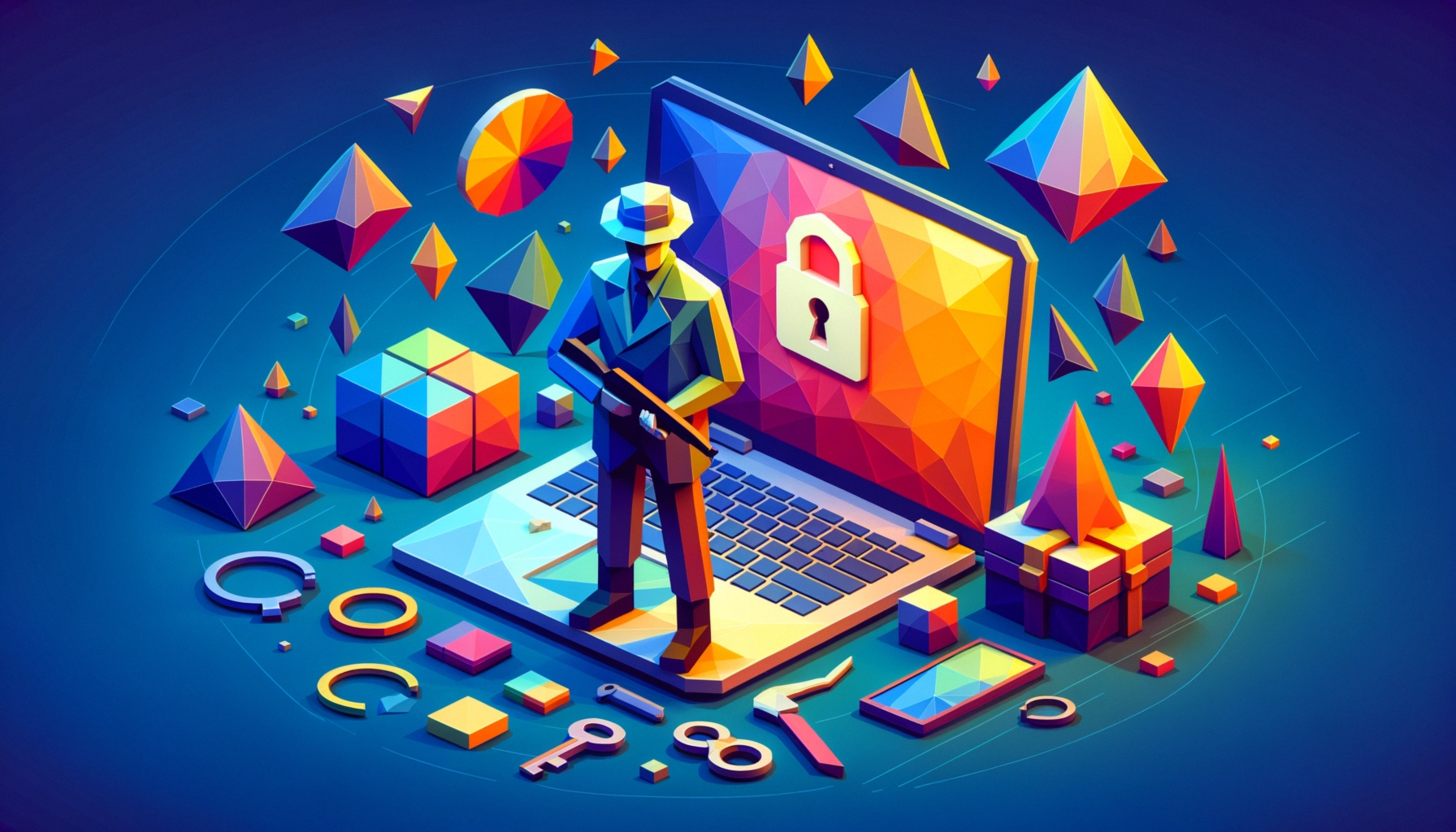 ** A stylized figure holding a firearm stands in front of a laptop, surrounded by colorful geometric shapes and locks.