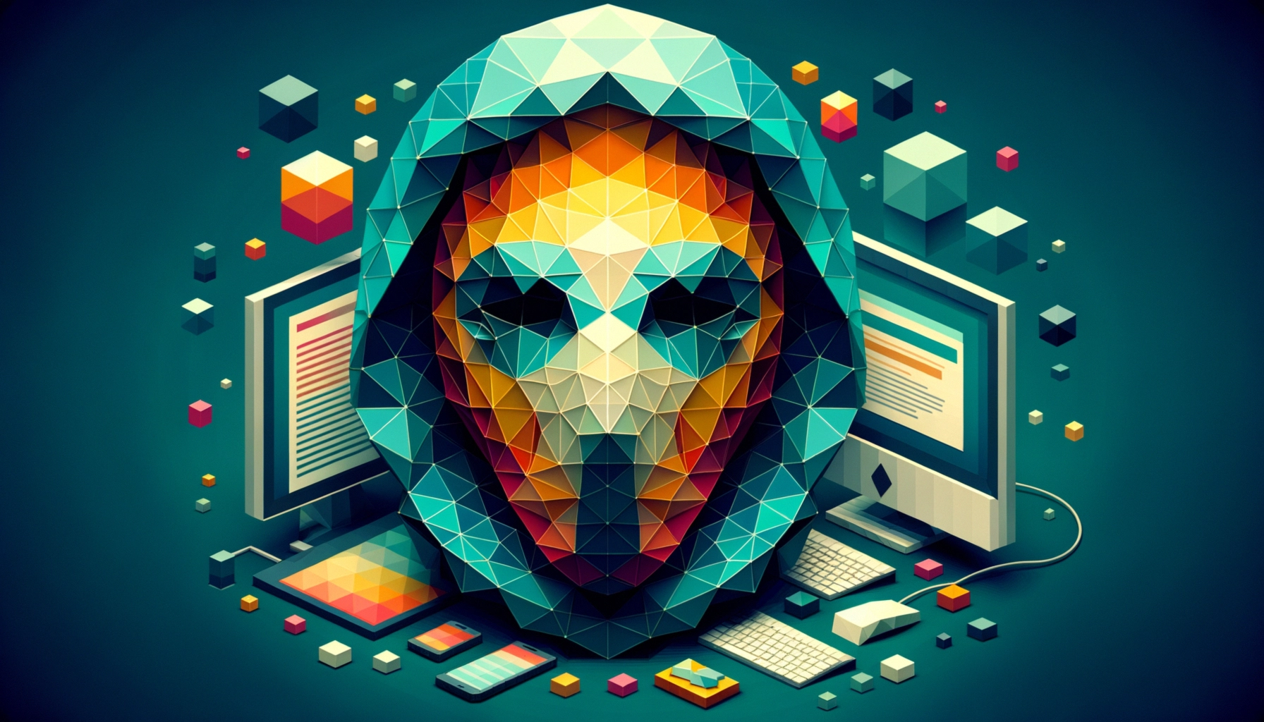 ** Abstract geometric alien face with computers and colorful blocks around it.