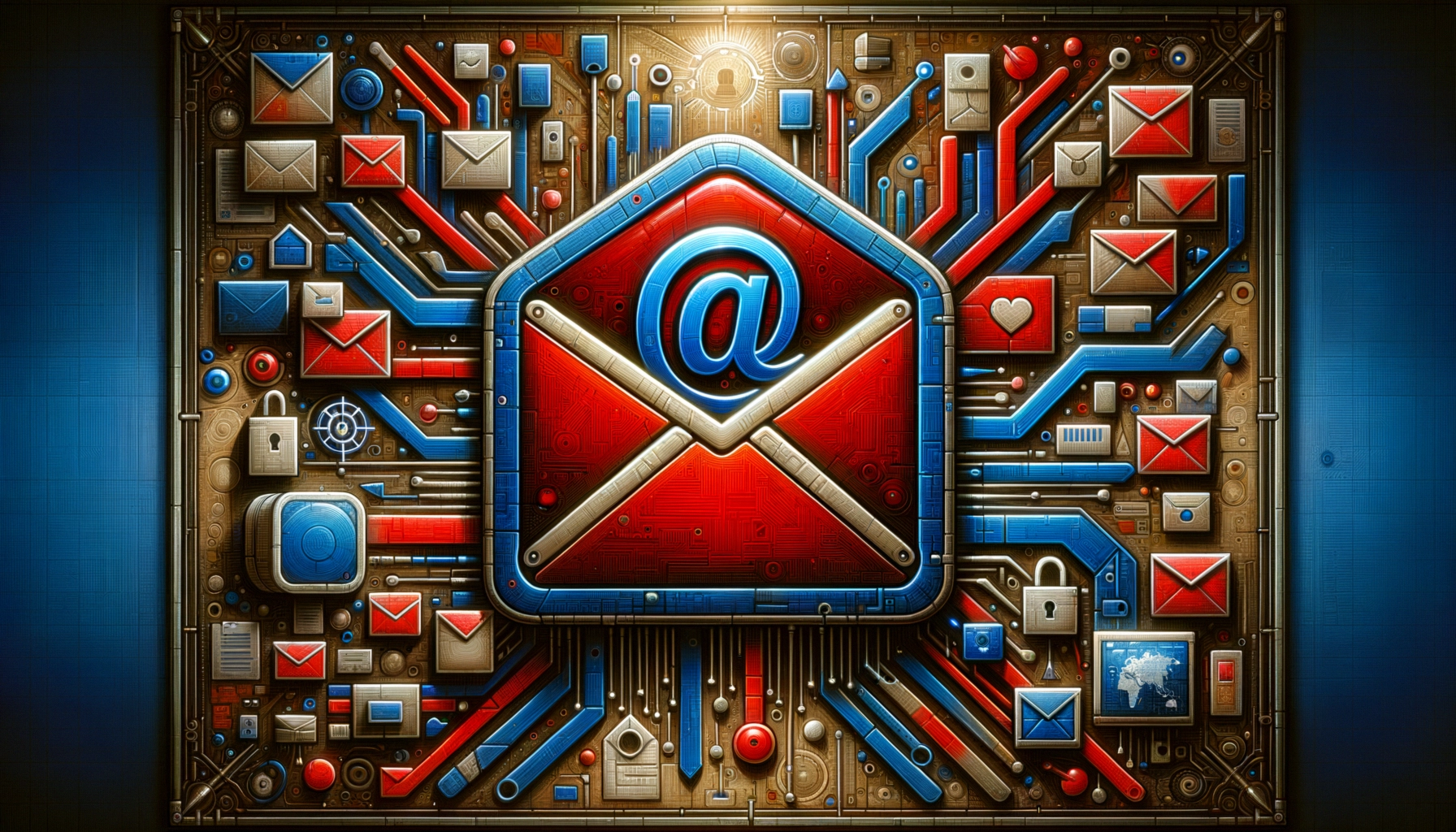 ** Colorful digital collage featuring email icons and circuitry design.