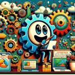 ** Cartoon character with gears and tech elements, surrounded by colorful clouds and icons.