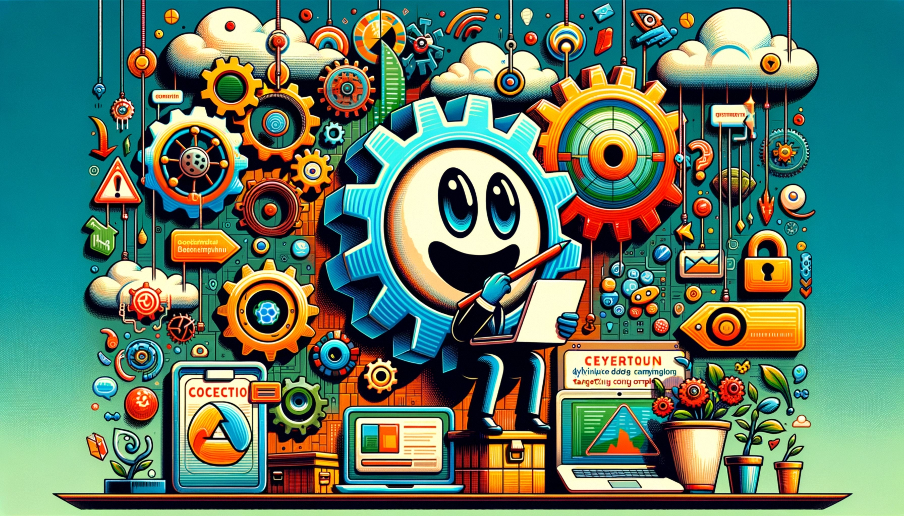 ** Cartoon character with gears and tech elements, surrounded by colorful clouds and icons.