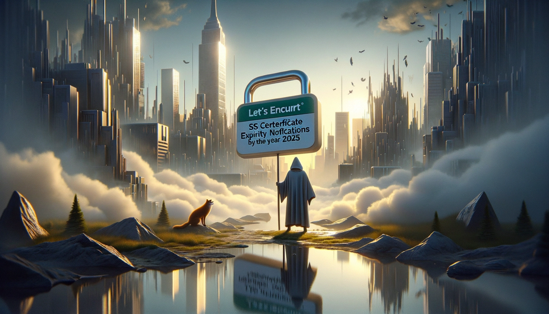 ** A cloaked figure and a dog stand before a futuristic city, holding a sign about certificate expirations.