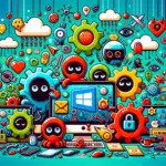 ** Colorful cartoonish scene with gadgets, gears, and playful characters against a gradient background.