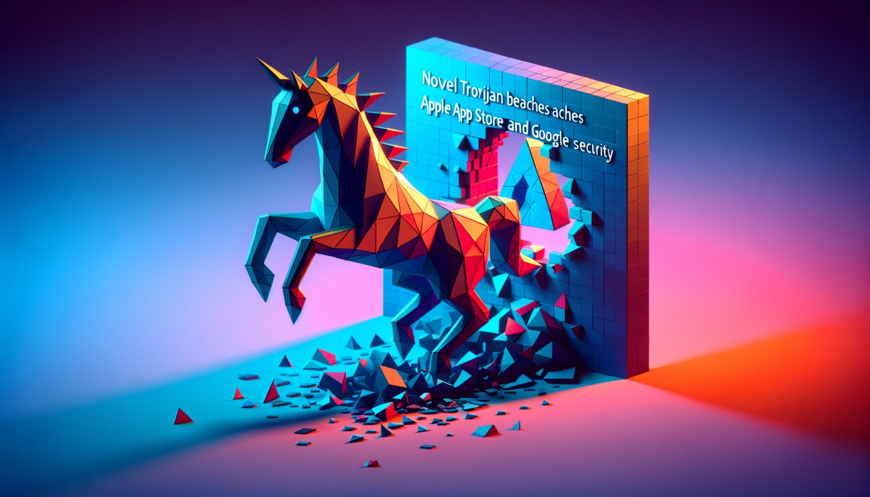 ** A colorful, geometric unicorn emerging from a pixelated wall with text about Trojan breaches.