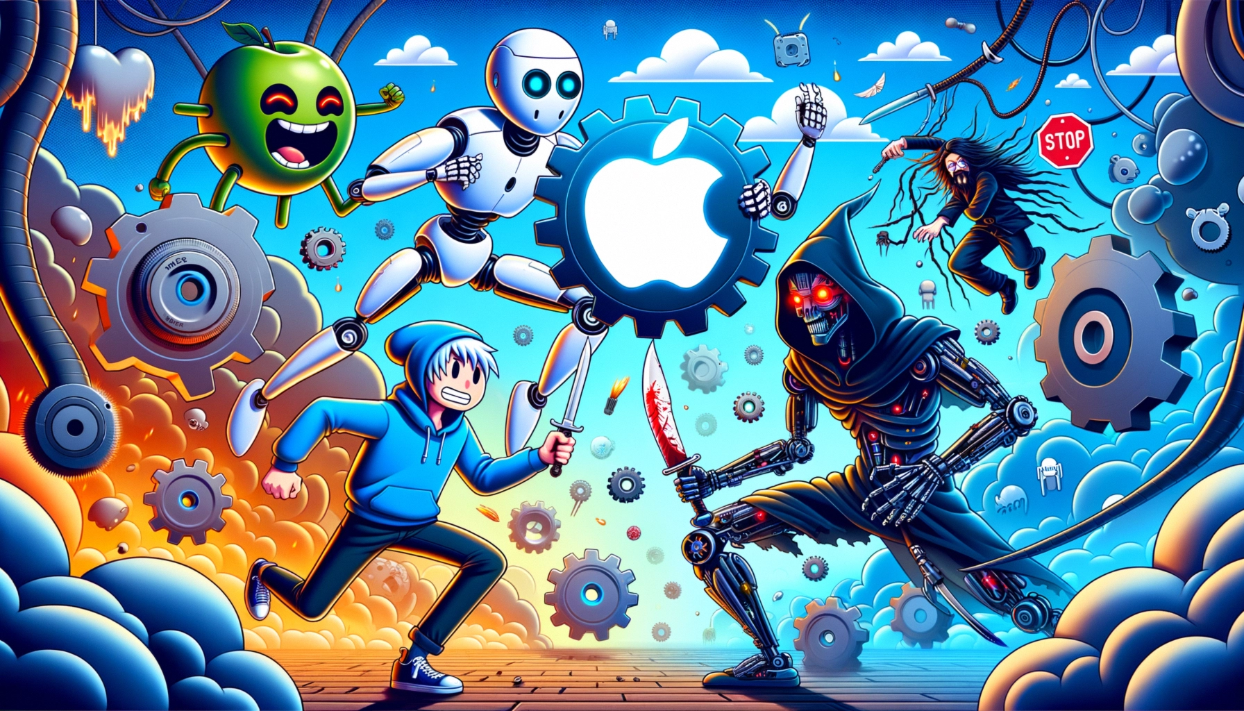 ** A colorful digital scene featuring a battle between a boy, a robot, and dark figures near the Apple logo.