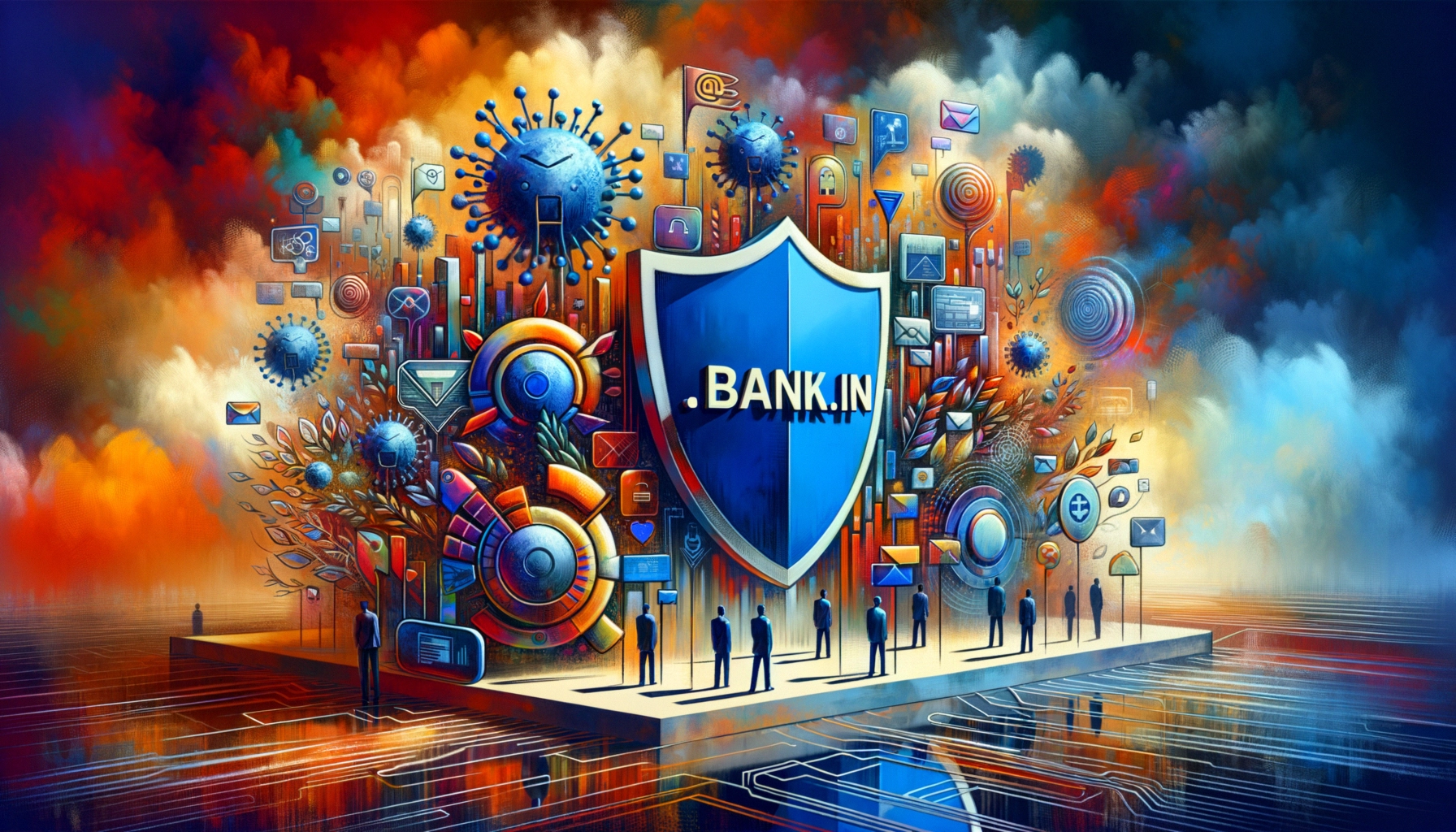 ** Abstract representation of cybersecurity with a shield and digital icons against a colorful backdrop.