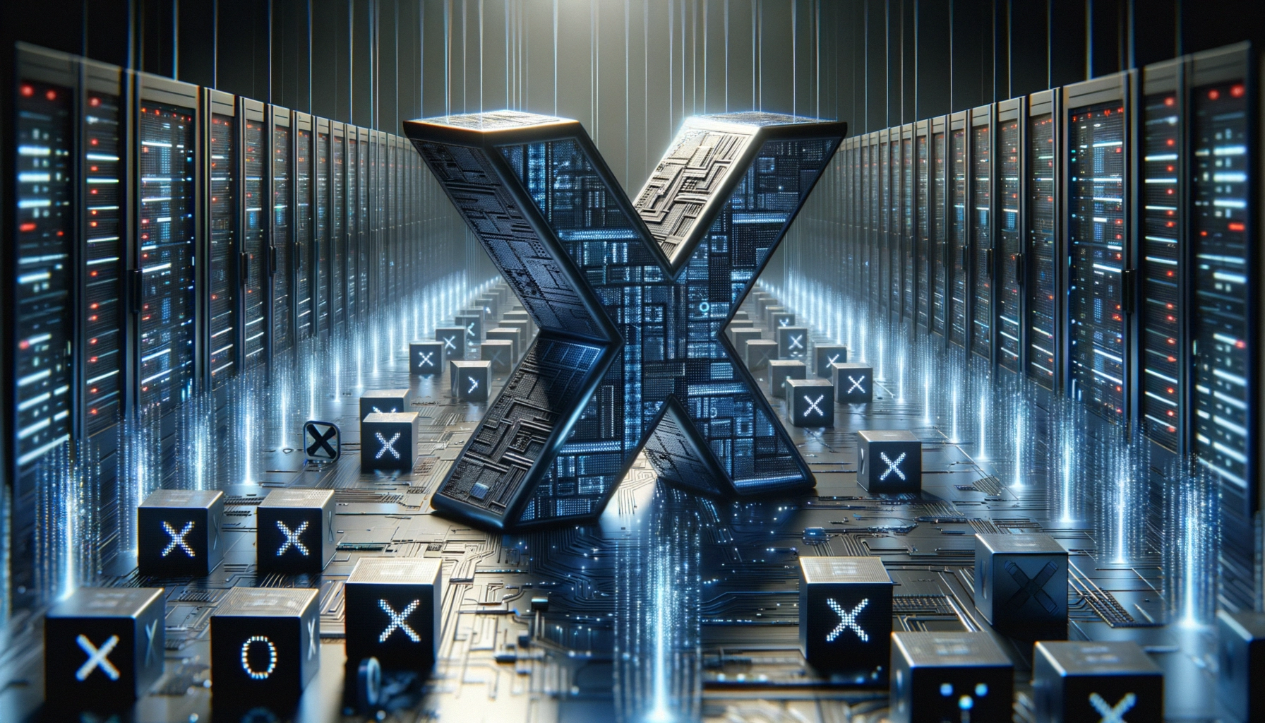 ** Futuristic data server room with glowing ’X’ and code blocks.