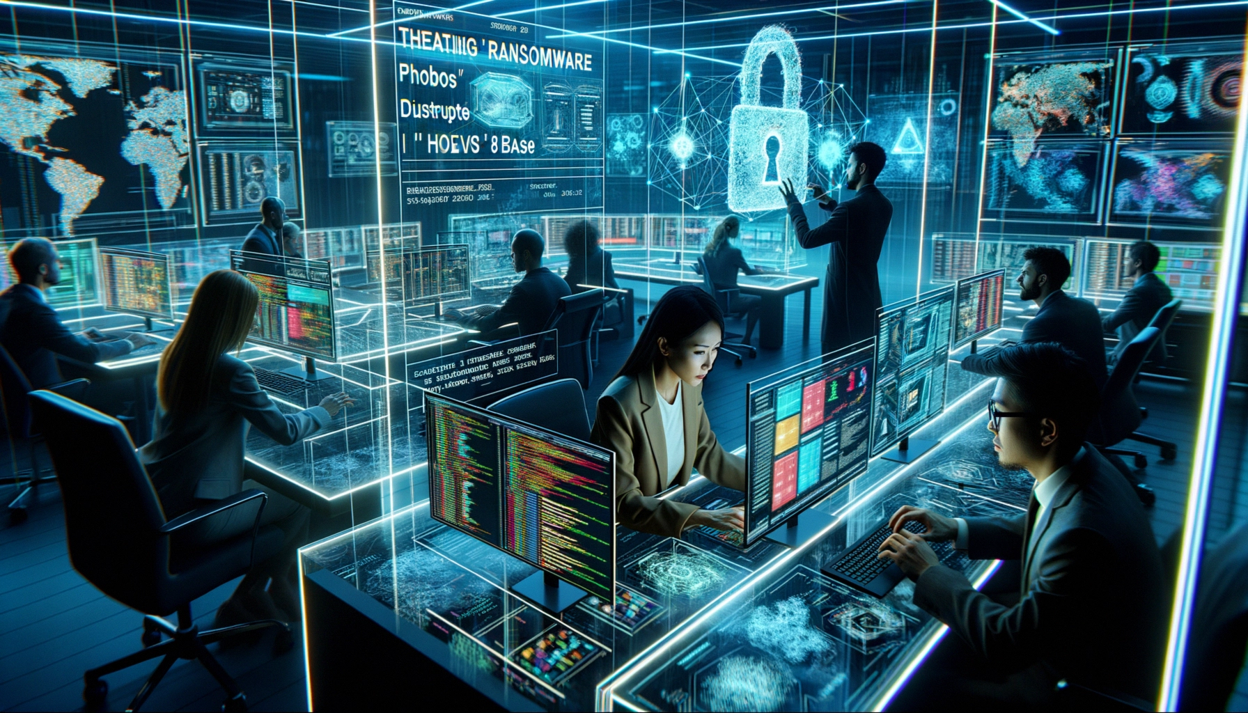 ** High-tech cybersecurity team working in a digital control room filled with screens and data visuals.