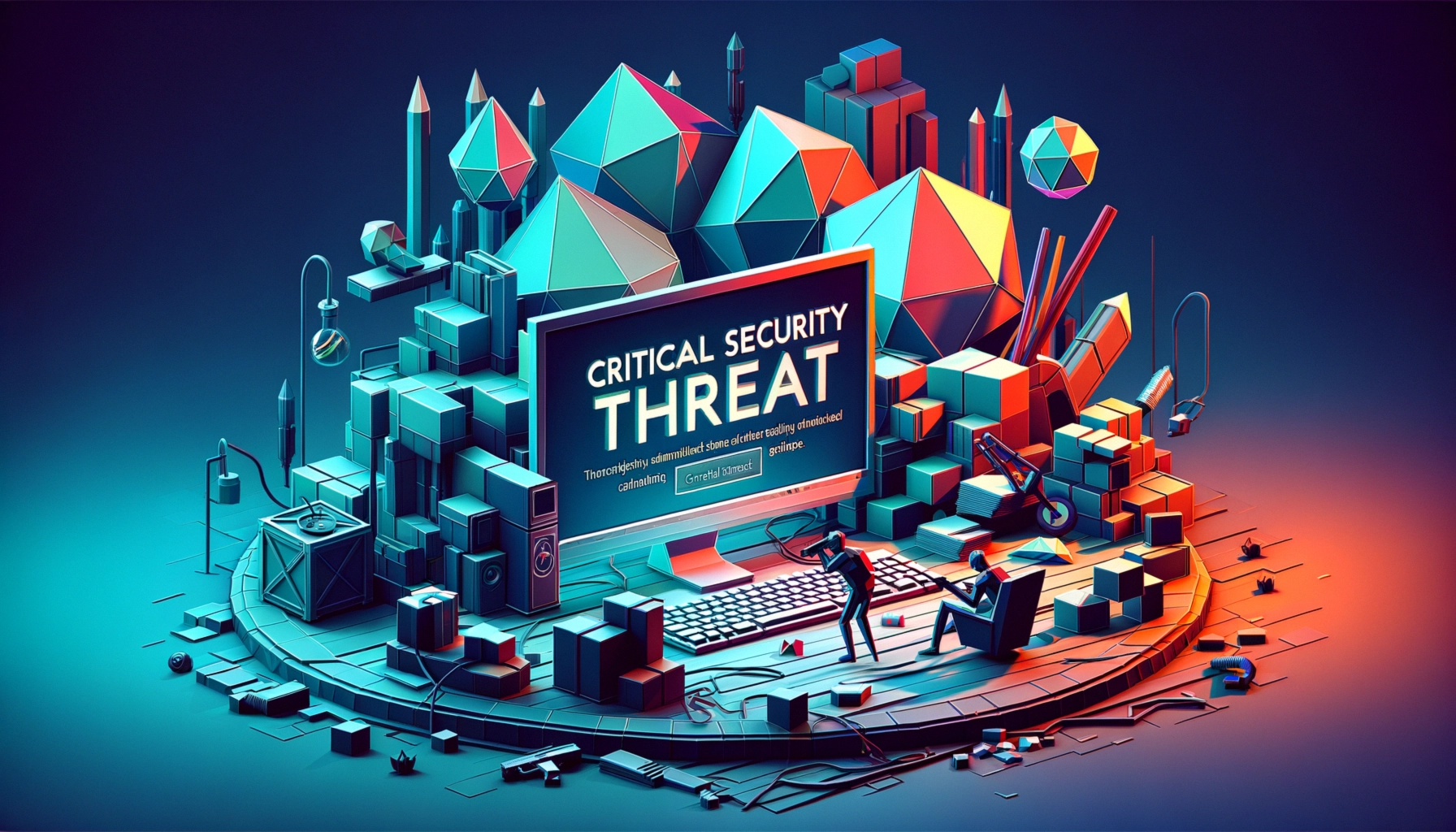 ** Digital security alert illustration with geometric shapes and a computer.