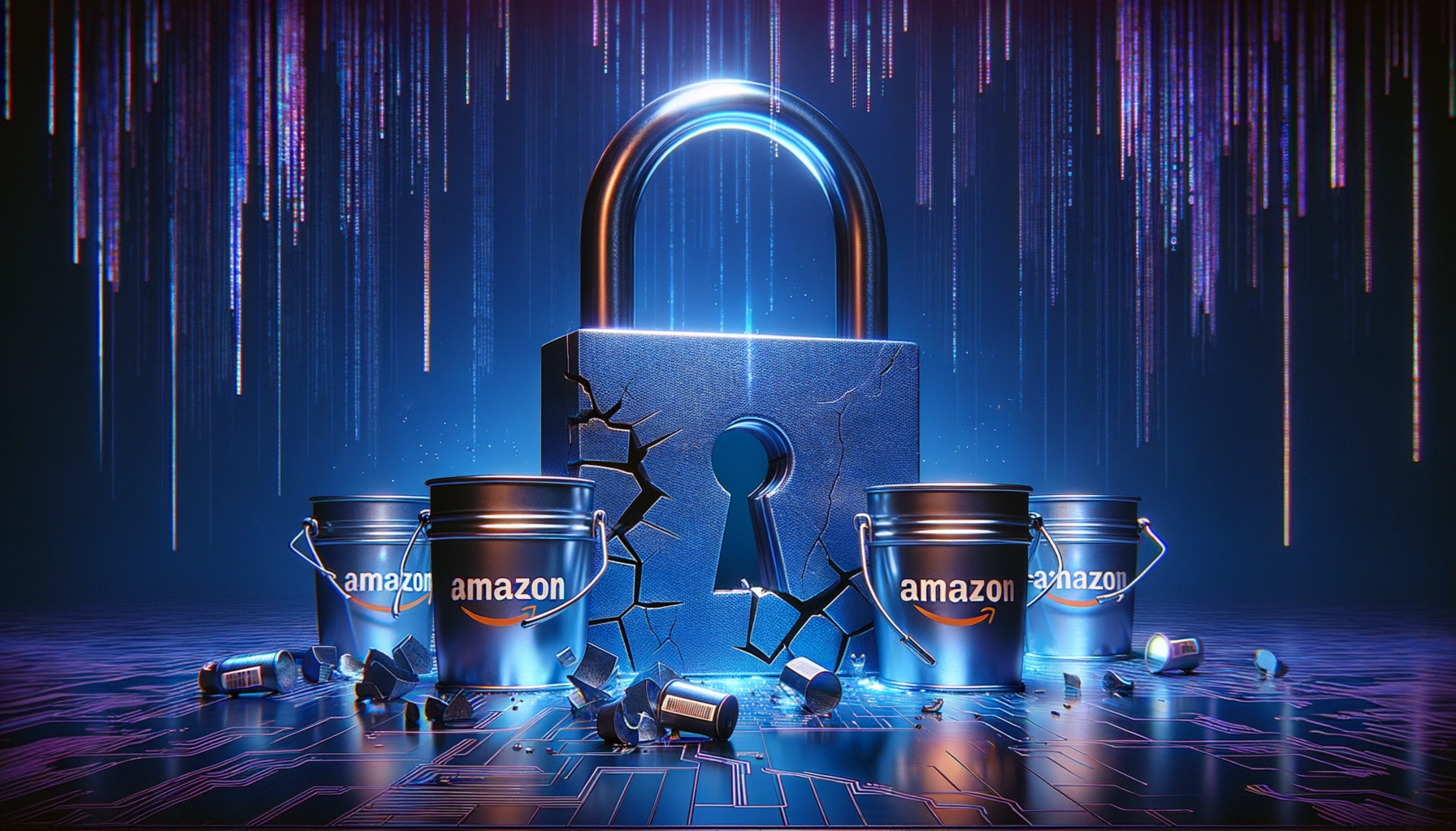 ** A digital lock surrounded by Amazon-branded buckets and debris, set against a futuristic blue background.