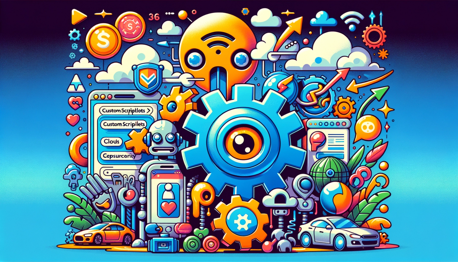 ** Colorful digital collage featuring gears, robots, cars, and tech symbols.