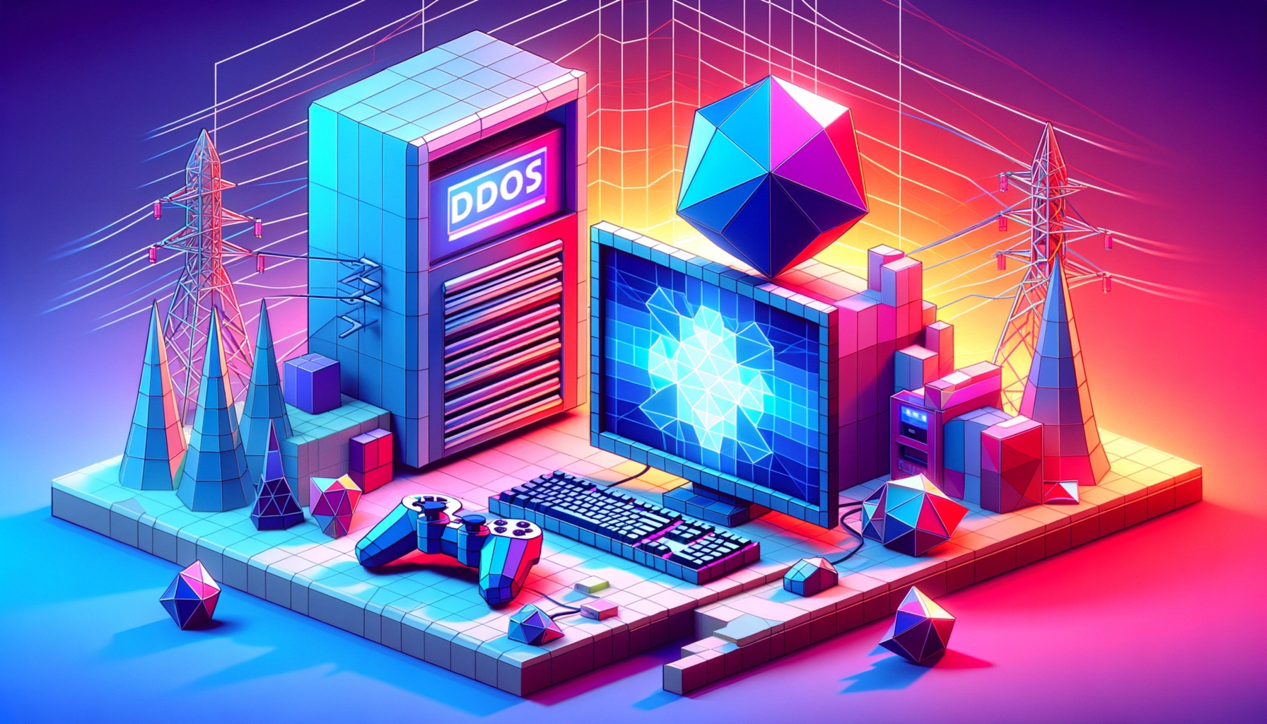 ** Futuristic digital scene with a computer setup, geometric shapes, and vibrant colors.