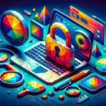 ** Colorful digital security scene with a laptop, lock, and geometric shapes.