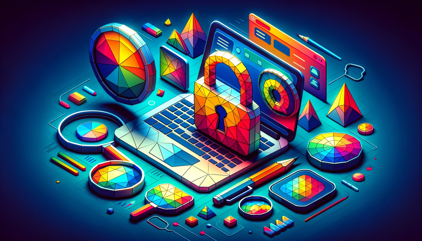 ** Colorful digital security scene with a laptop, lock, and geometric shapes.