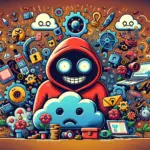 ** Illustration of a grinning figure in a red hood surrounded by colorful tech icons and a sad cloud.