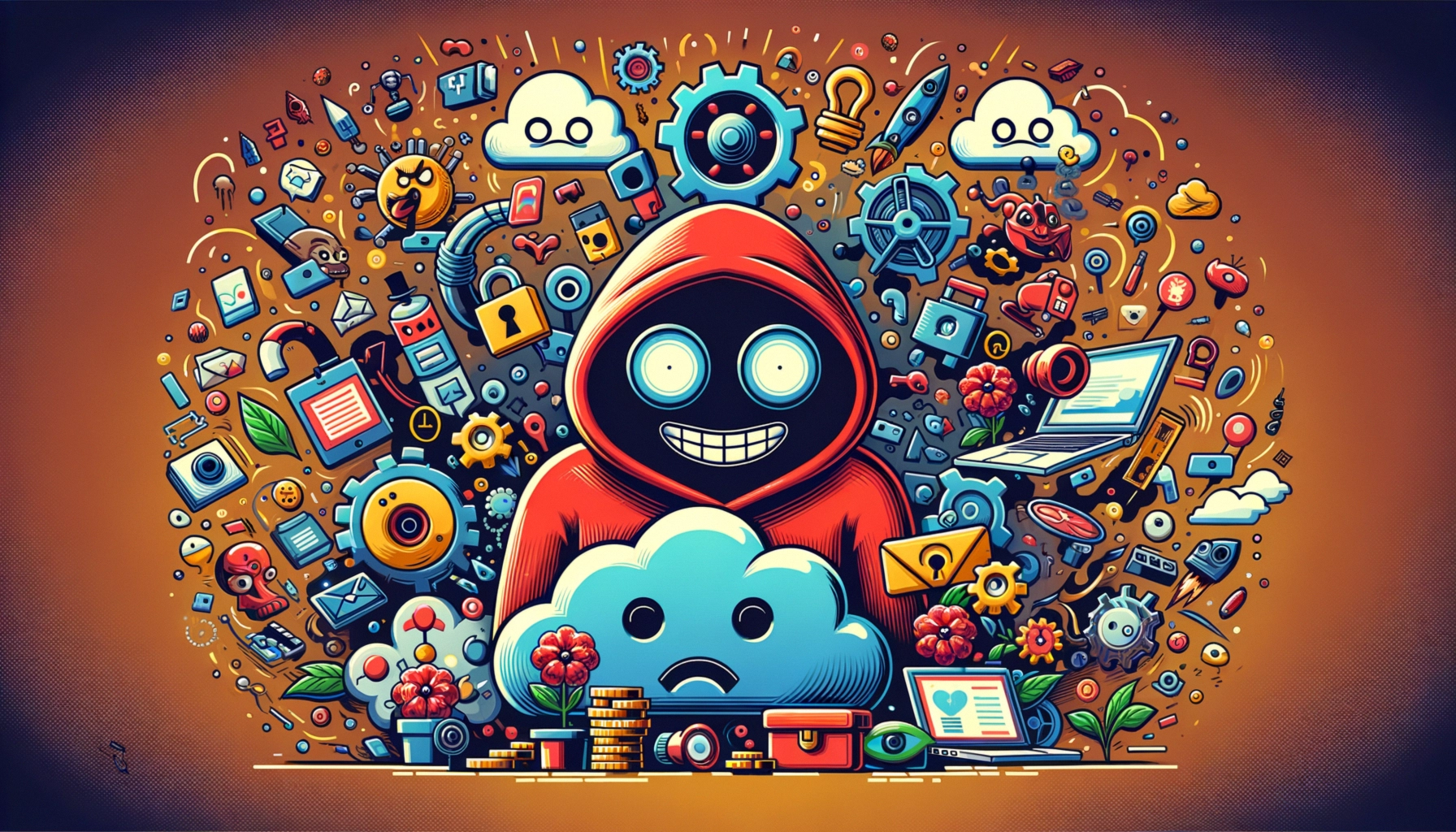 ** Illustration of a grinning figure in a red hood surrounded by colorful tech icons and a sad cloud.