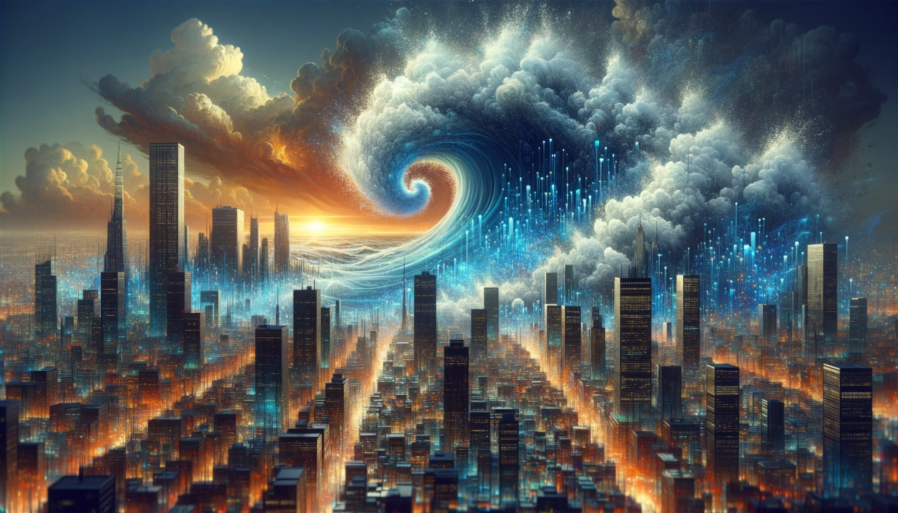 ** A futuristic cityscape with a massive wave and glowing clouds above.