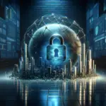 ** Futuristic digital sphere secured by a lock, surrounded by glowing city-like structures.