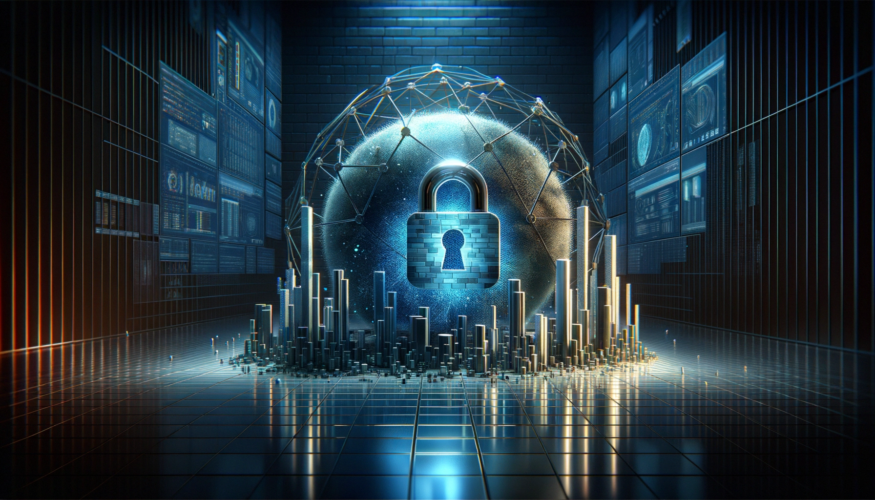 ** Futuristic digital sphere secured by a lock, surrounded by glowing city-like structures.