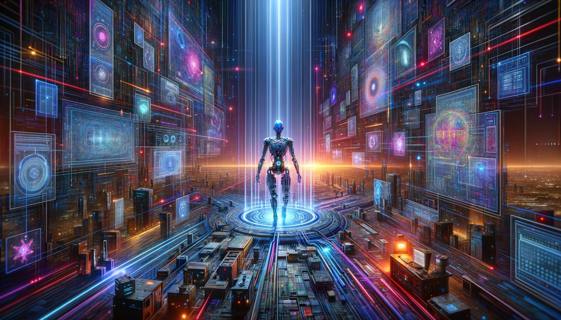 ** A futuristic robot stands in a vibrant digital landscape with holographic displays.