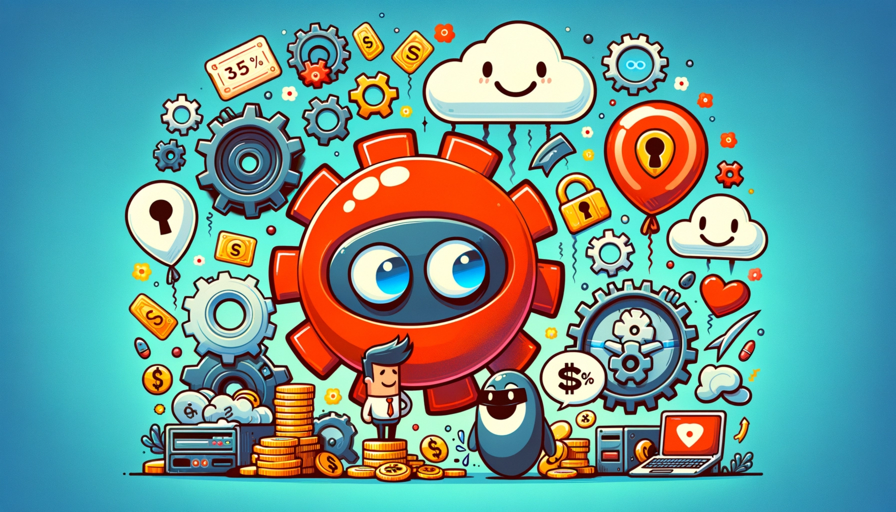 ** Whimsical illustration of gears, a character, coins, and clouds against a blue background.