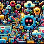 ** Colorful collage of gears, robots, and tech icons against a blue background.