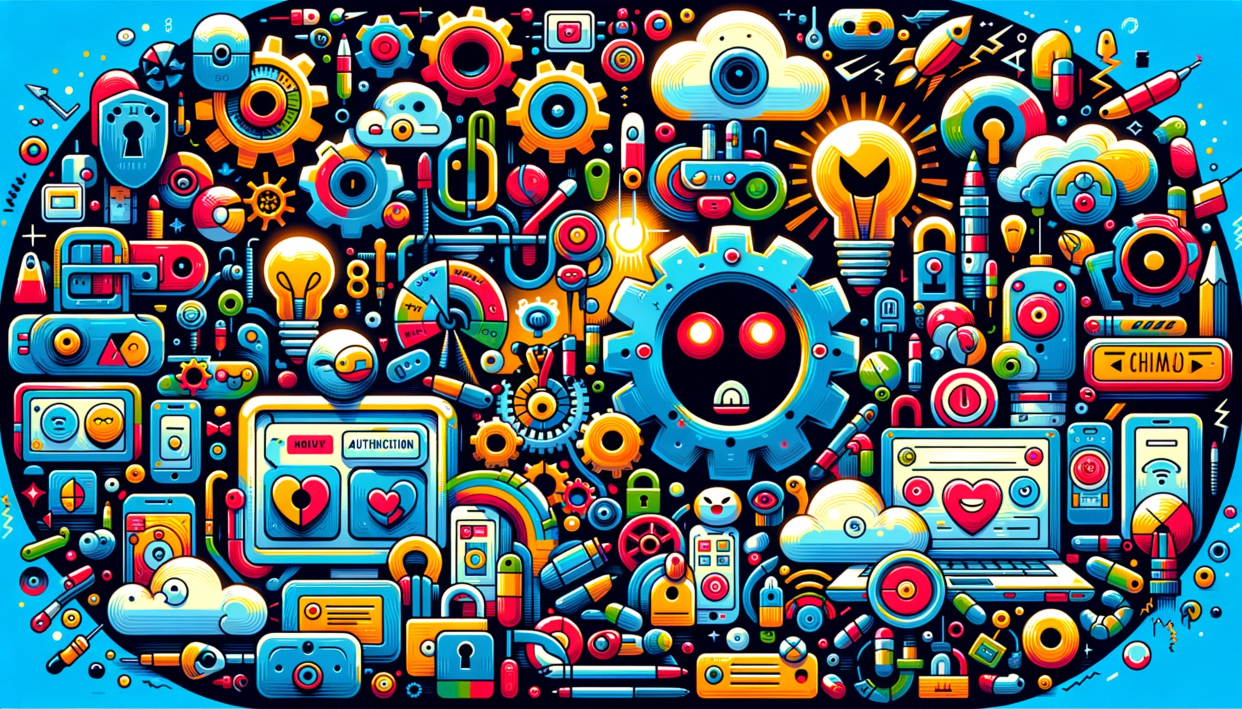 ** Colorful collage of gears, robots, and tech icons against a blue background.