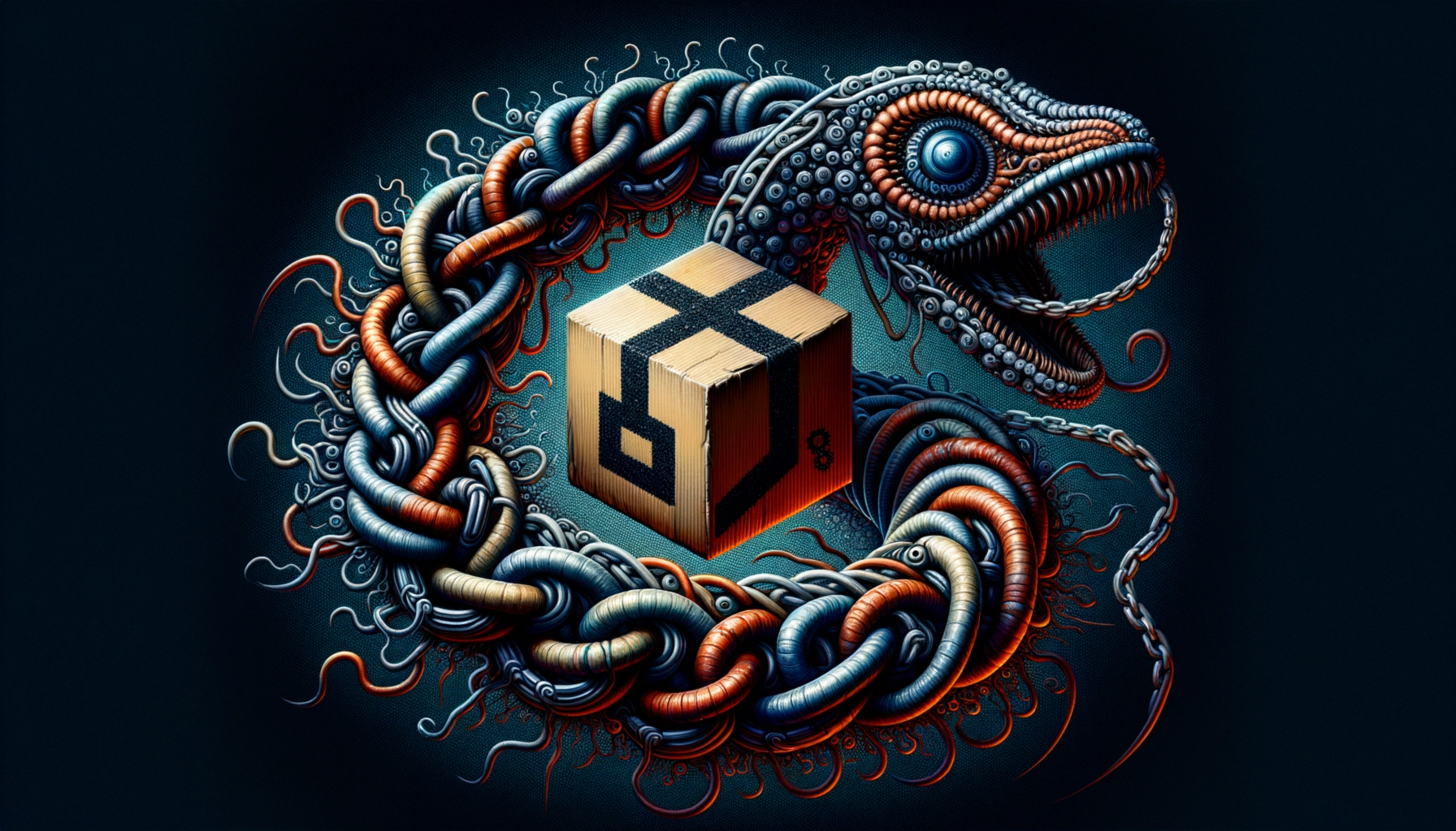 ** A colorful serpent-like creature encircles a mysterious black and yellow box.