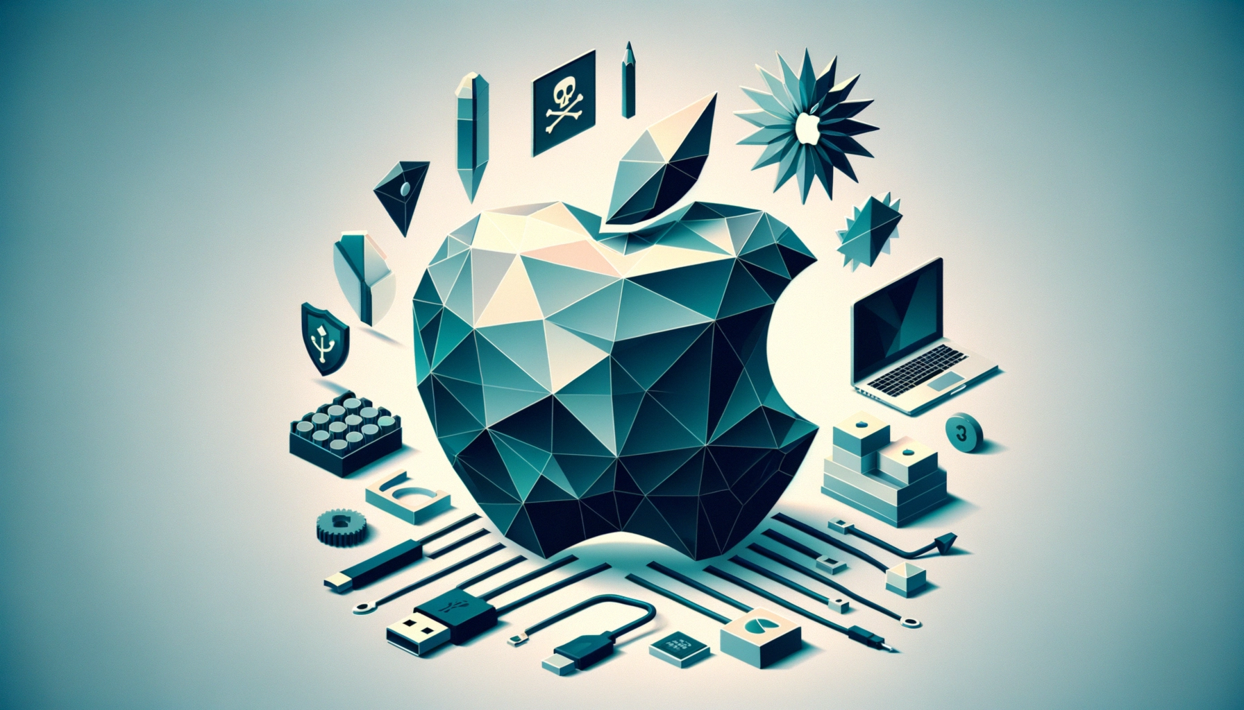 Geometric apple logo surrounded by tech objects in shades of blue and black.