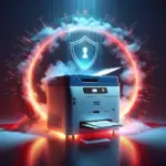 ** A modern printer emits papers, surrounded by a glowing shield icon and colorful smoke.