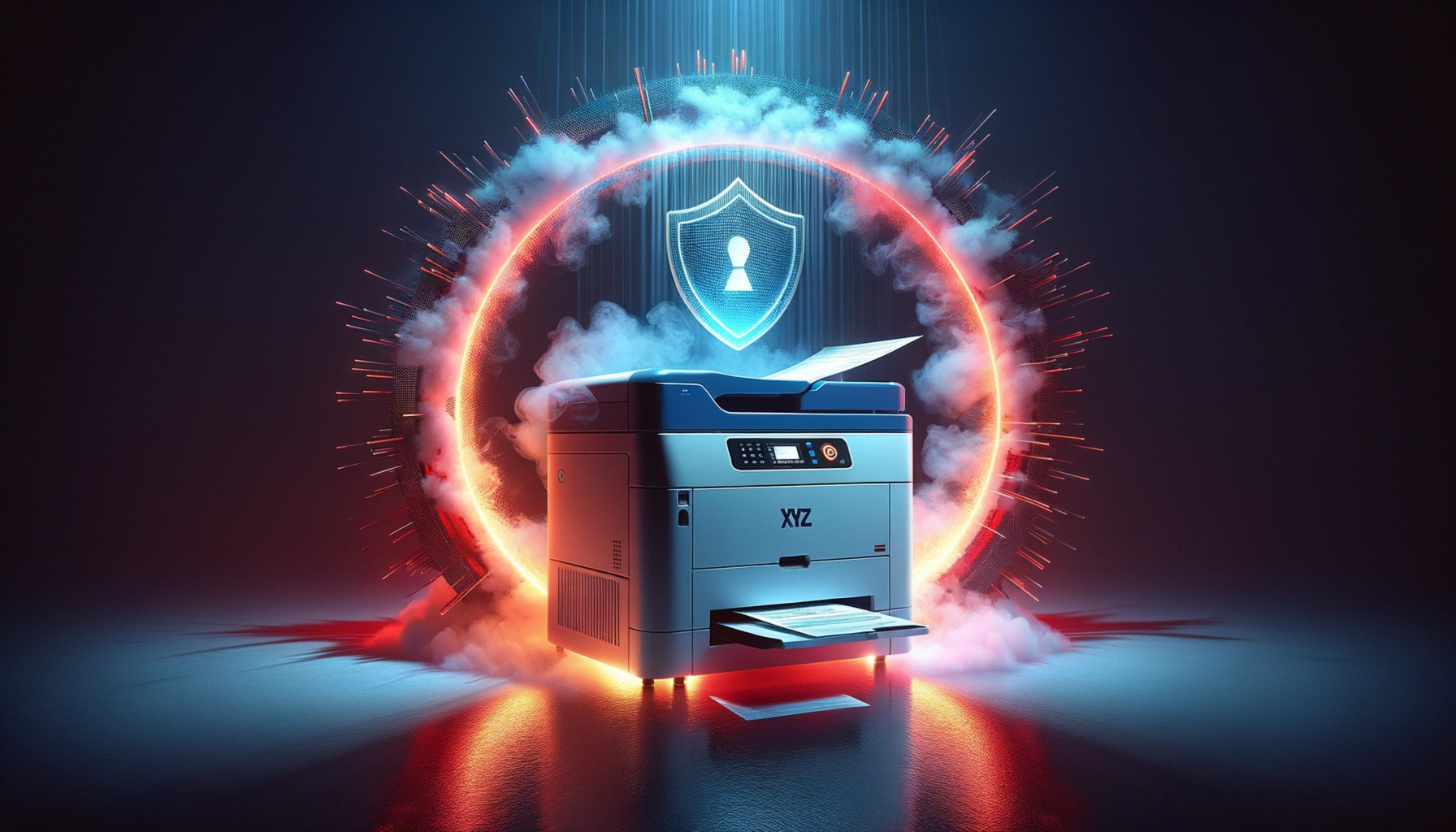 ** A modern printer emits papers, surrounded by a glowing shield icon and colorful smoke.