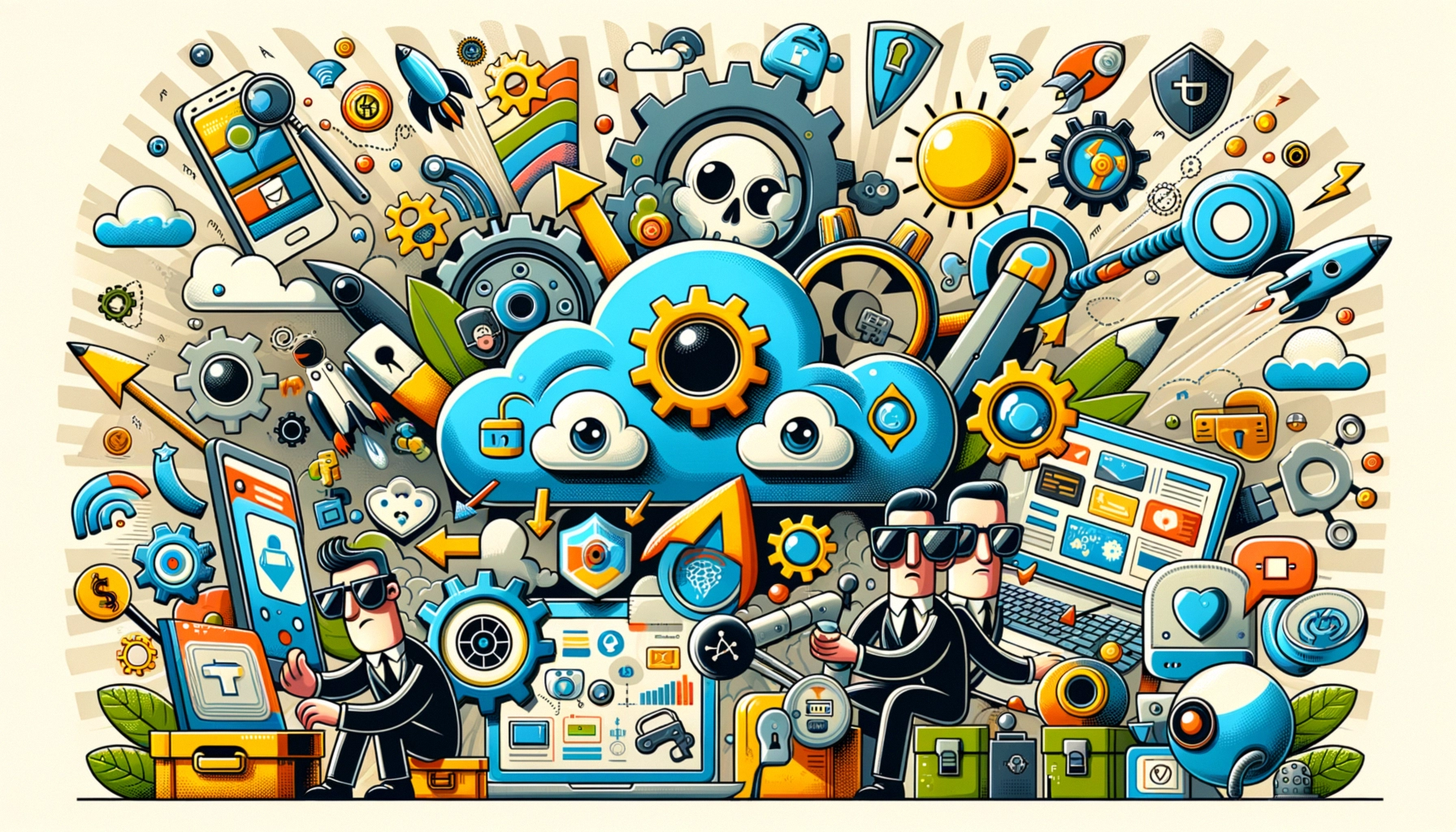 ** Colorful illustration of technology, clouds, gears, and characters in suits.