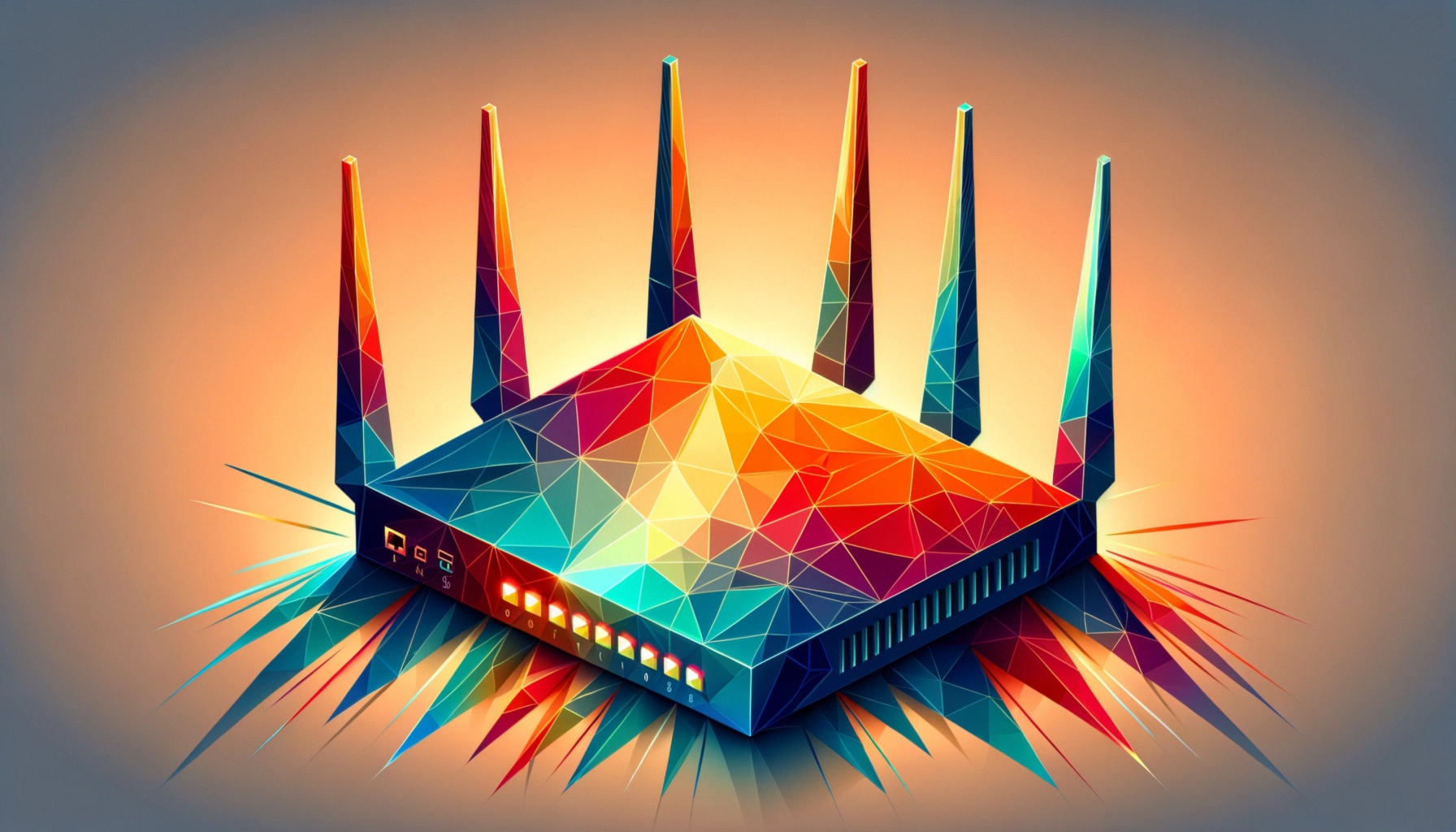 Colorful geometric illustration of a modern Wi-Fi router with antennas.