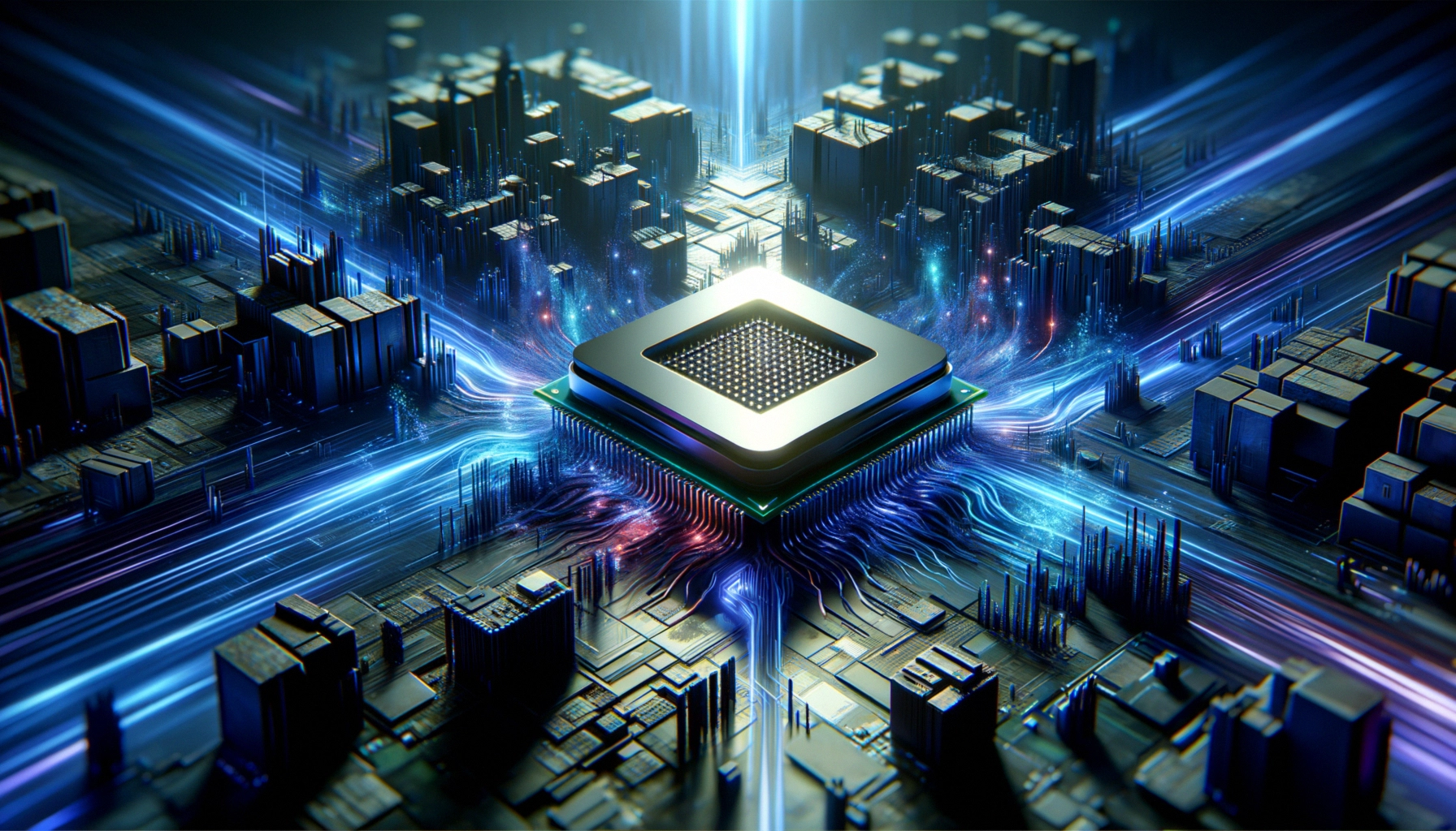 ** A futuristic processor surrounded by glowing blue and purple circuits and skyscraper-like structures.