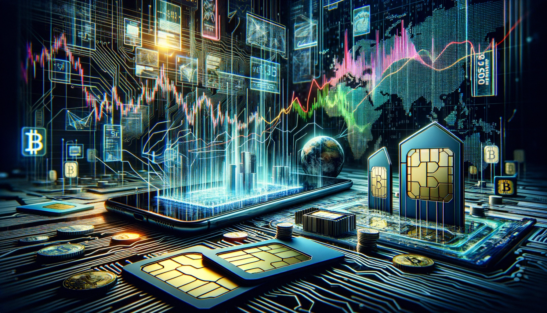 ** Digital representation of cryptocurrency data with a smartphone, coins, and charts over a circuit board background.