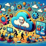 ** Digital illustration of a cloud computing concept with people, gears, and icons representing technology and security.