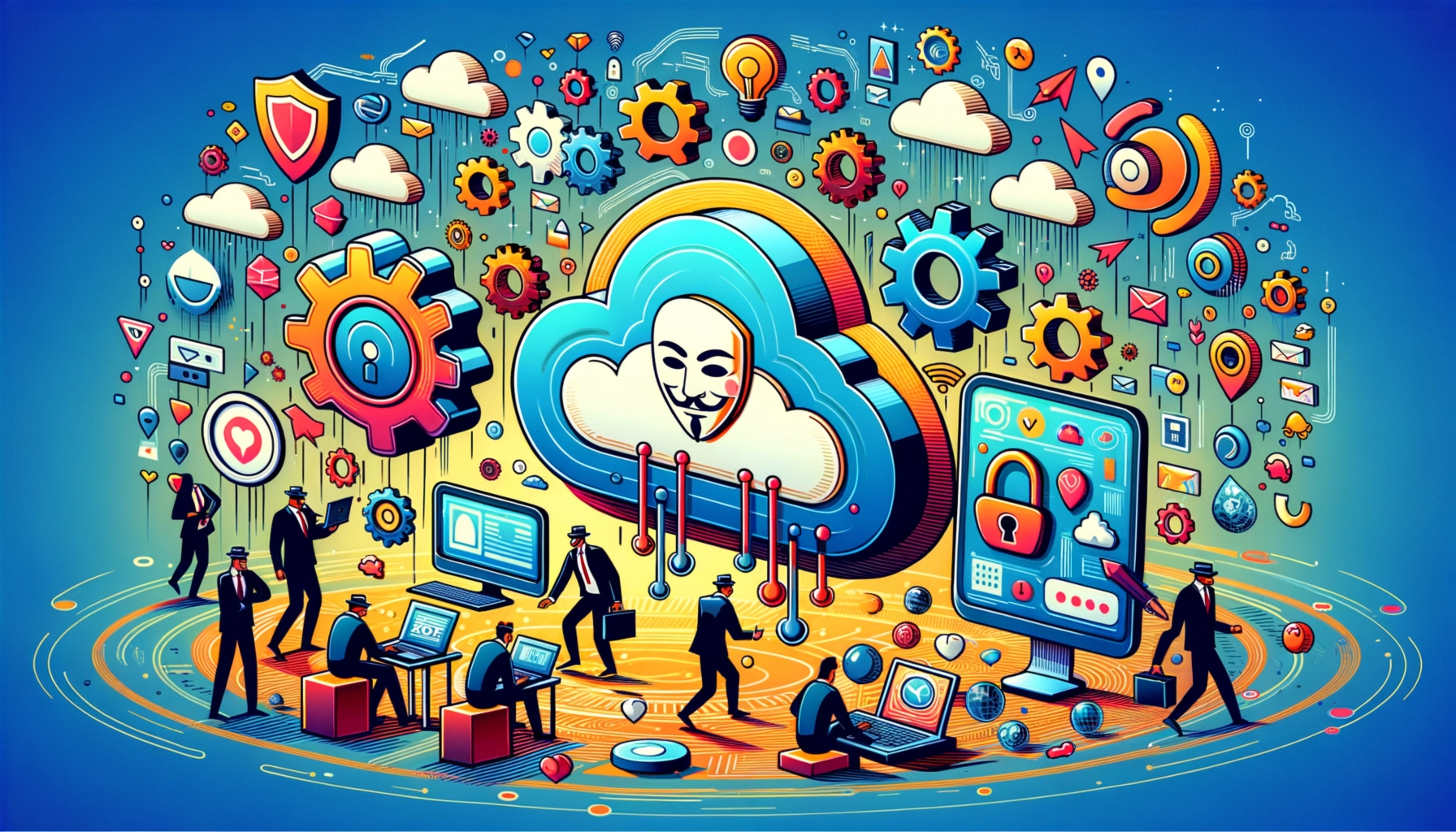 ** Digital illustration of a cloud computing concept with people, gears, and icons representing technology and security.