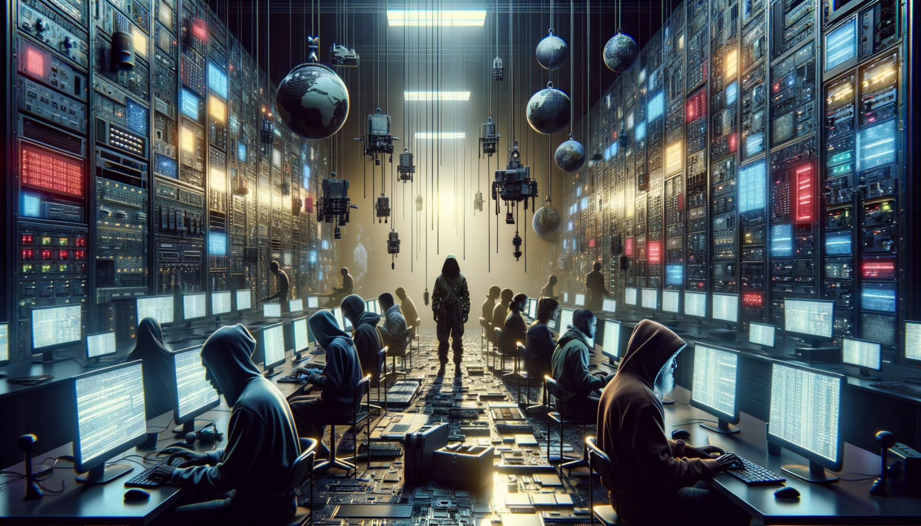 ** High-tech room with hooded figures at computers, glowing screens, and floating globes.