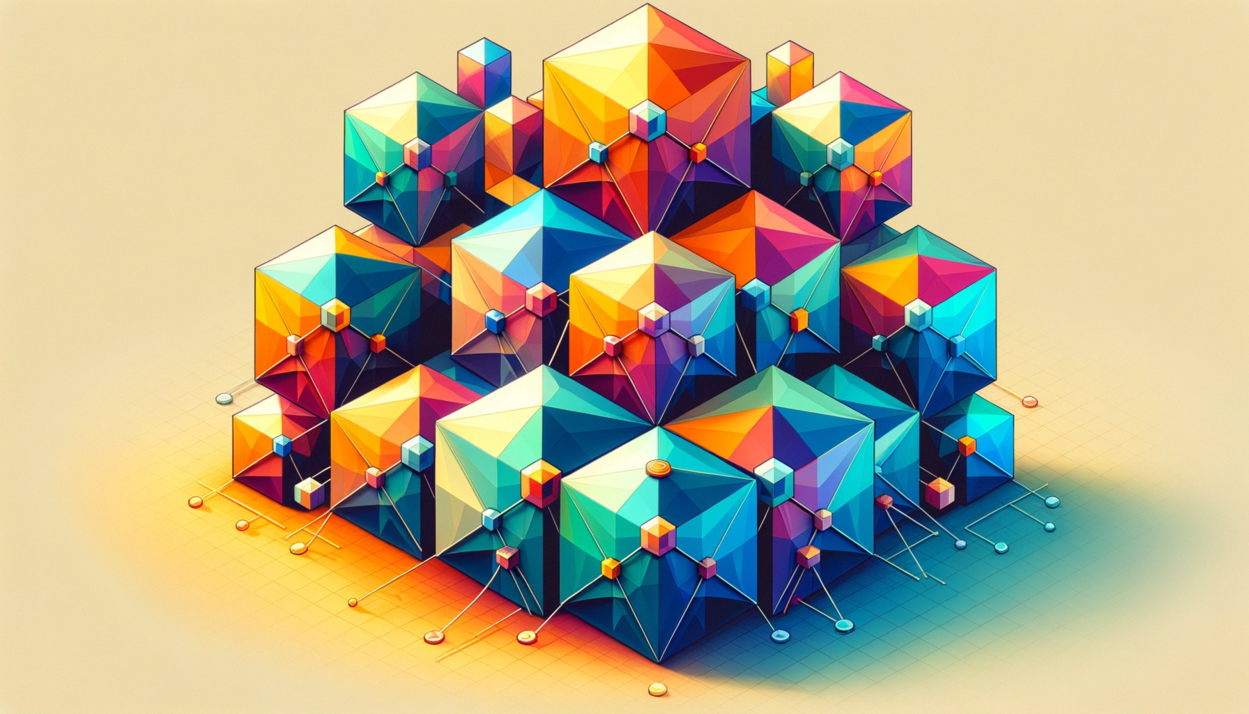 ** Colorful 3D geometric shapes in a vibrant arrangement against a light background.