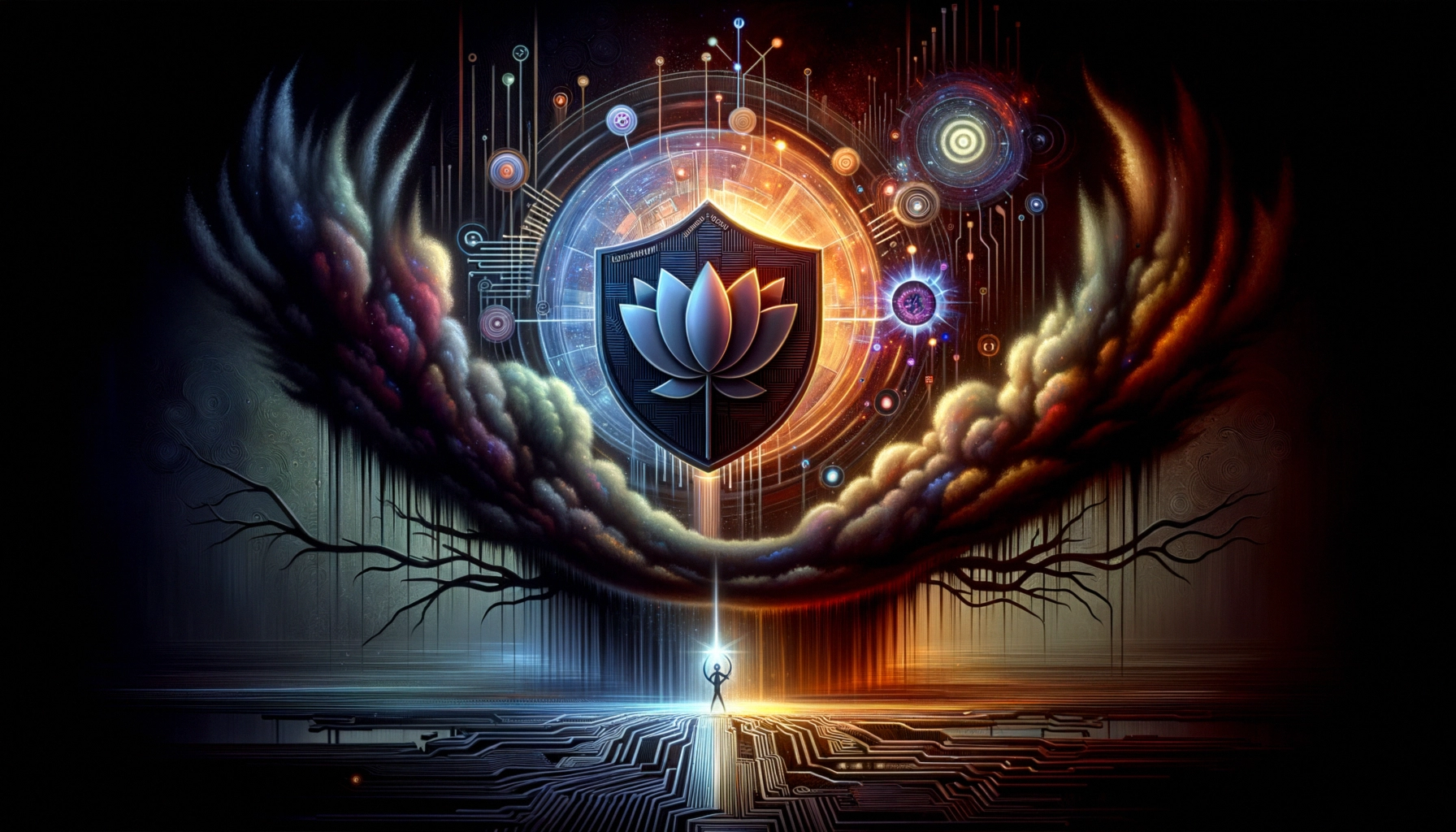 ** A figure stands before a glowing shield and lotus, surrounded by vibrant energy and dark wings.