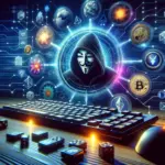 ** Hacker with a mask surrounded by digital icons on a dark background.