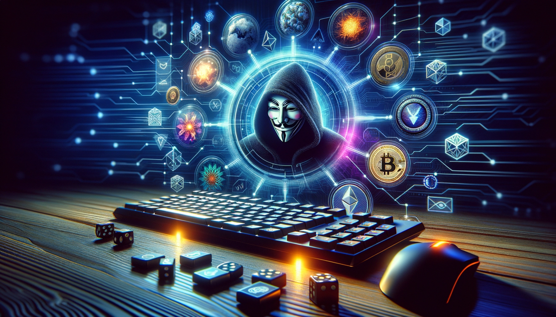 ** Hacker with a mask surrounded by digital icons on a dark background.