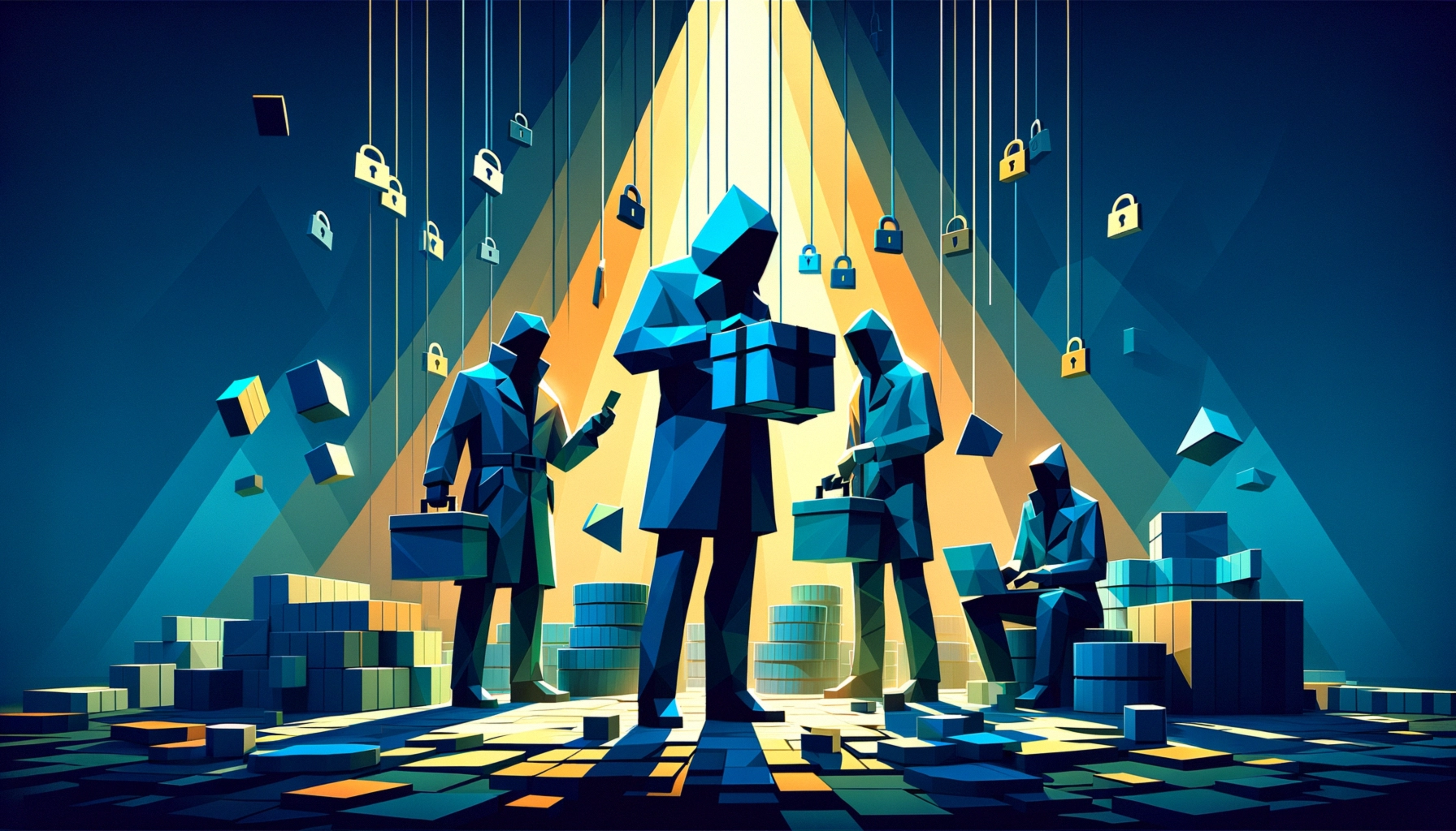 ** Four hooded figures surrounded by locks and boxes, set in a dramatic, colorful scene.